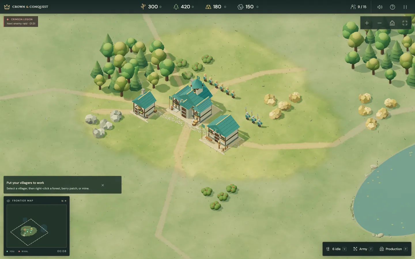 A Crown & Conquest town at the start of a solo game: town hall, houses, villagers and forest on a green frontier