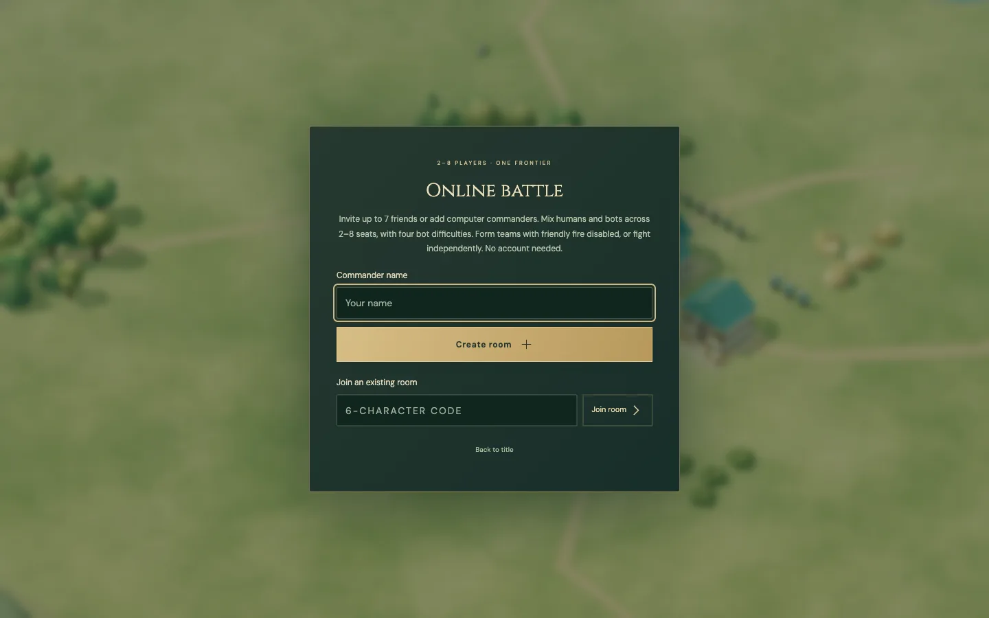 The Crown & Conquest online battle screen for creating or joining a room