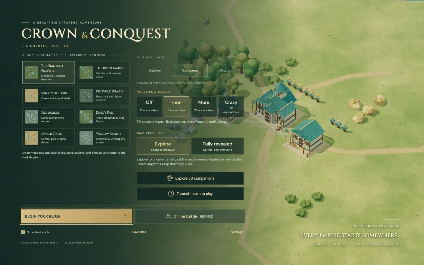 The Crown & Conquest title screen with eight battlefields and challenge settings